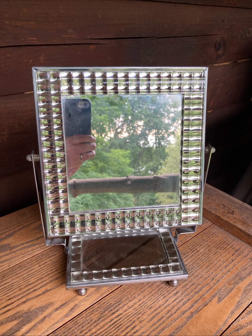 Vintage MCM op art Style Square Tabletop swivel vanity Mirror in chrome and glas